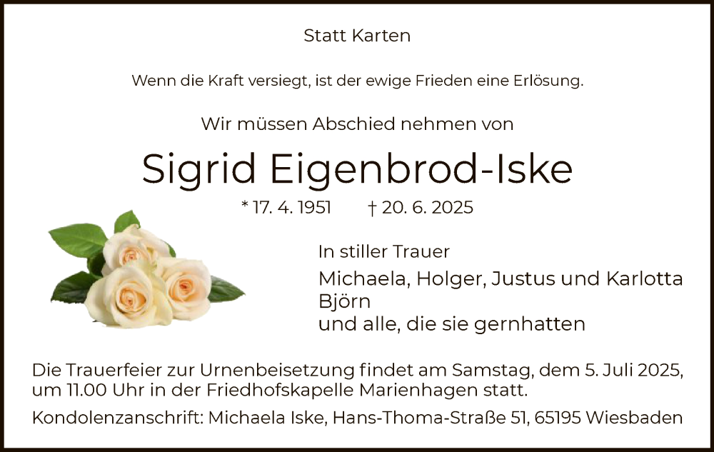  Traueranzeige für Sigrid Eigenbrod-Iske vom 28.06.2025 aus WLZ