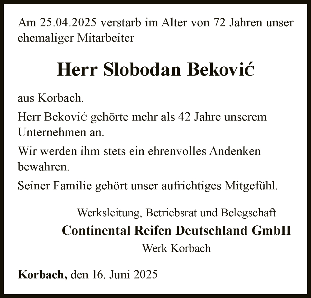  Traueranzeige für Slobodan Bekovic vom 16.06.2025 aus WLZ