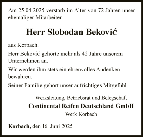 Traueranzeige von Slobodan Bekovic von WLZ