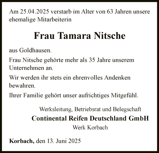Traueranzeige von Tamara Nitsche von WLZ