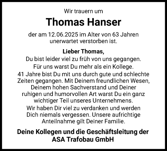 Traueranzeige von Thomas Hanser von WLZ