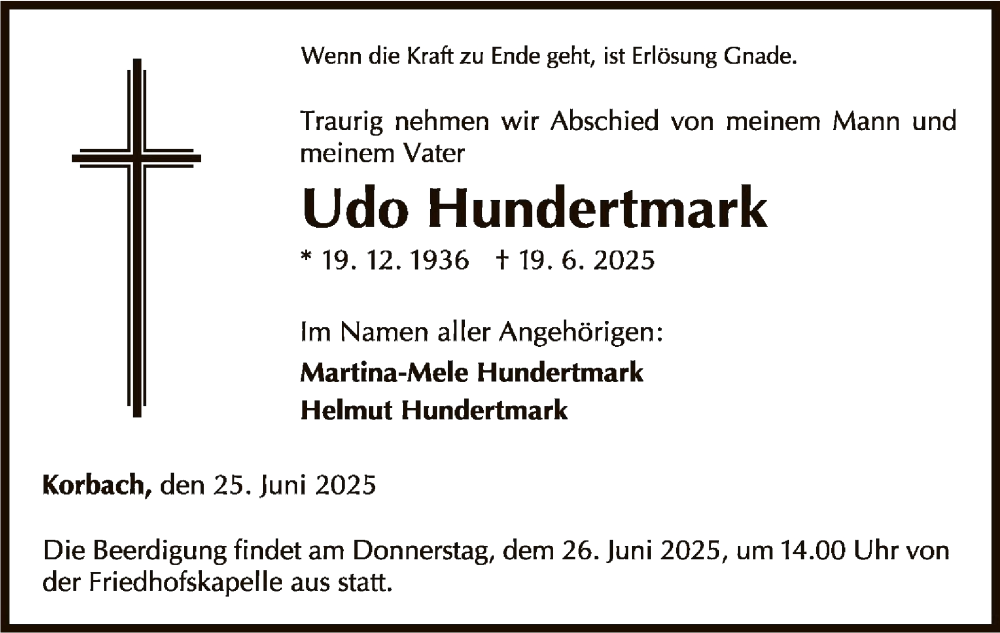  Traueranzeige für Udo Hundertmark vom 25.06.2025 aus WLZ