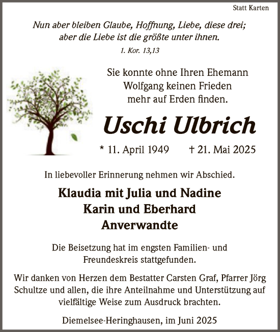 Traueranzeige von Uschi Ulbrich von WLZ