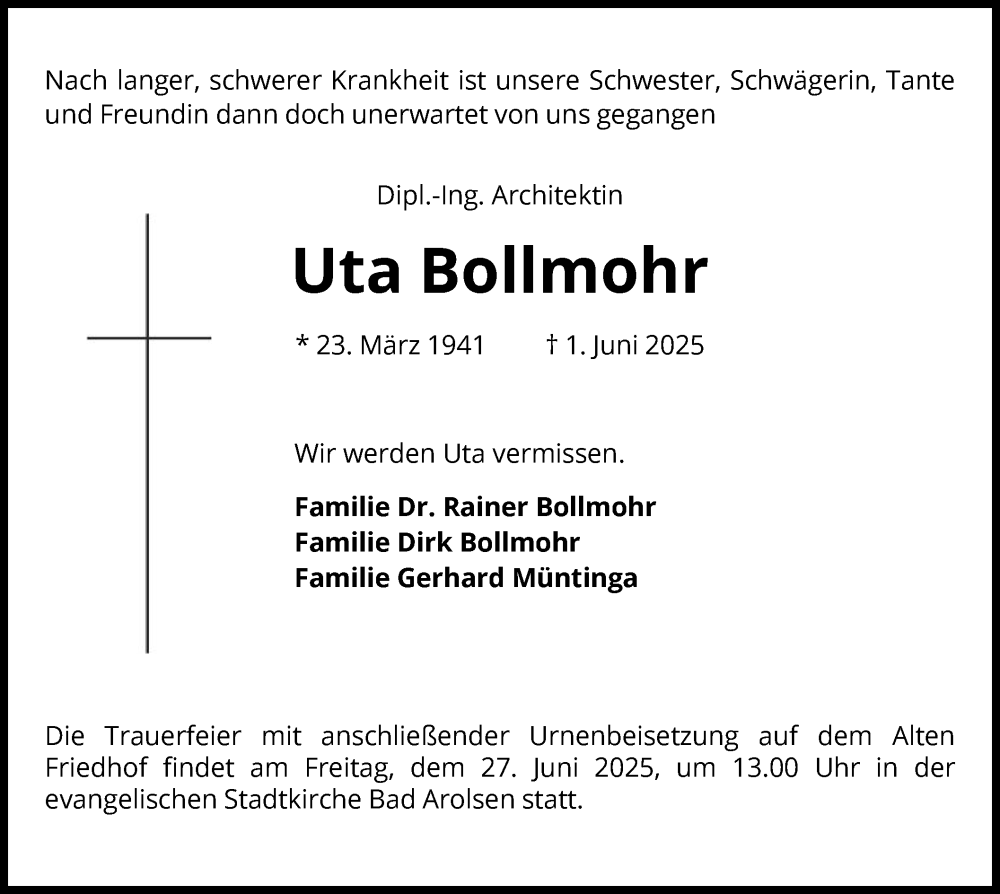  Traueranzeige für Uta Bollmohr vom 14.06.2025 aus WLZ