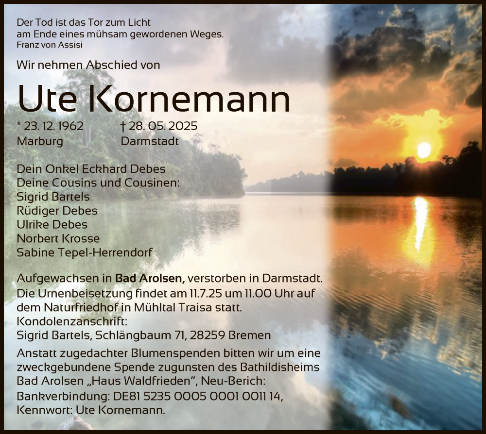  Traueranzeige für Ute Kornemann vom 28.06.2025 aus WLZ