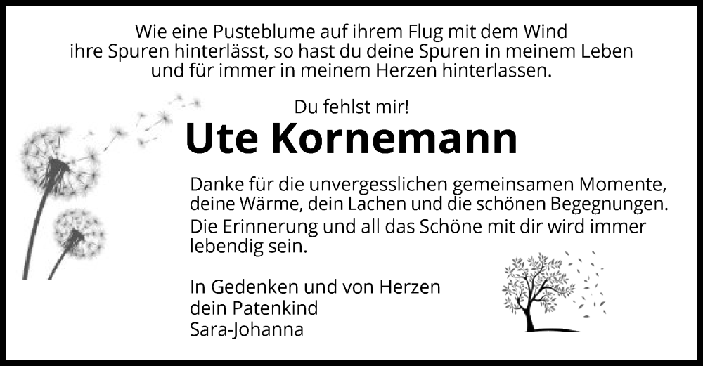  Traueranzeige für Ute Kornemann vom 28.06.2025 aus WLZ