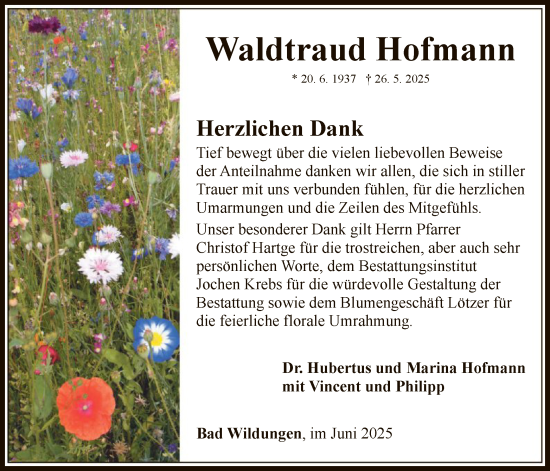 Traueranzeige von Waldtraud Hofmann von WLZ