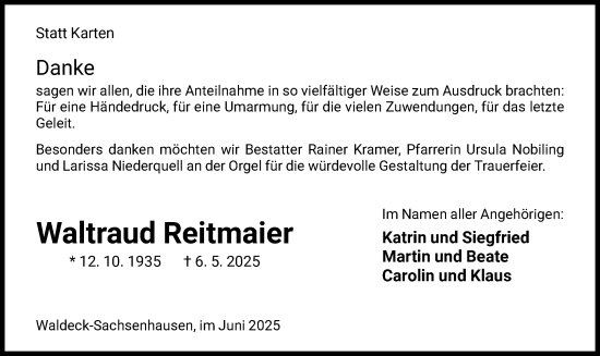 Traueranzeige von Waltraud Reitmaier von WLZ