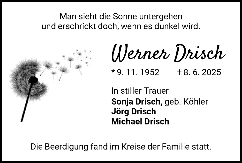  Traueranzeige für Werner Drisch vom 28.06.2025 aus WLZ