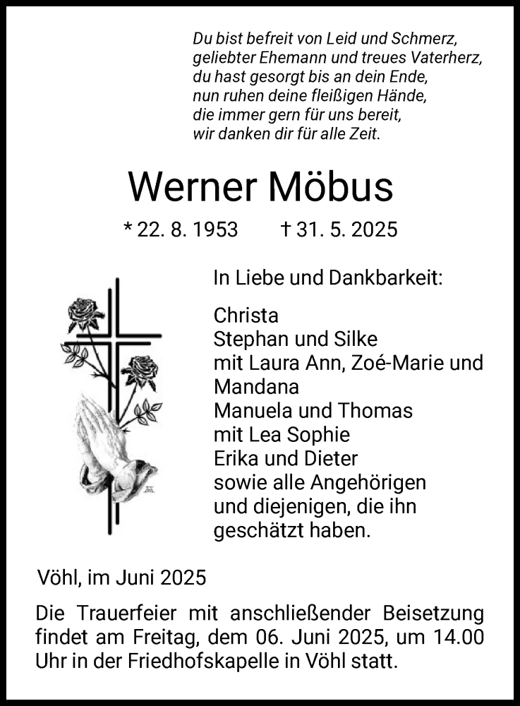  Traueranzeige für Werner Möbus vom 03.06.2025 aus WLZ