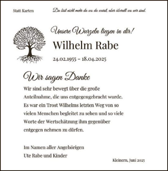 Traueranzeige von Wilhelm Rabe von WLZ