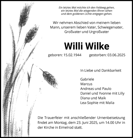 Traueranzeige von Willi Wilke von WLZ