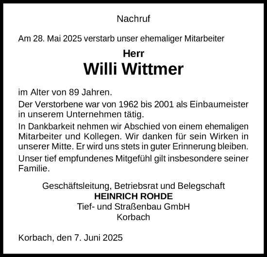 Traueranzeige von Willi Wittmer von WLZ