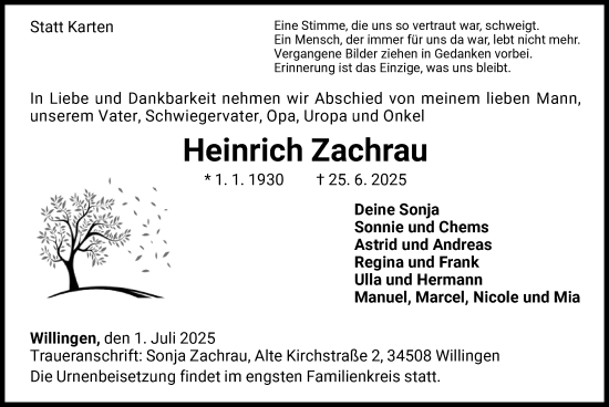 Traueranzeige von Heinrich Zachrau von WLZ