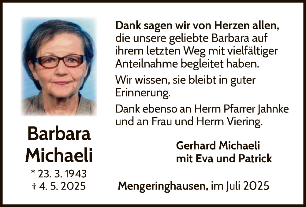  Traueranzeige für Barbara Michaeli vom 12.07.2025 aus WLZ
