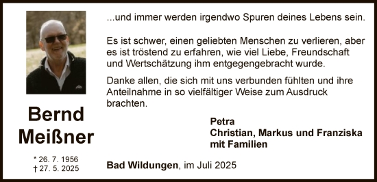 Traueranzeige von Bernd Meißner von WLZ