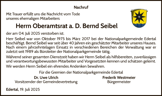 Traueranzeige von Bernd Seibel von WLZ