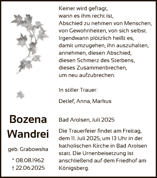Traueranzeige von Bozena Wandrei von WLZ