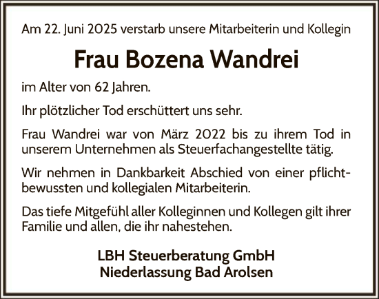 Traueranzeige von Bozena Wandrei von WLZ