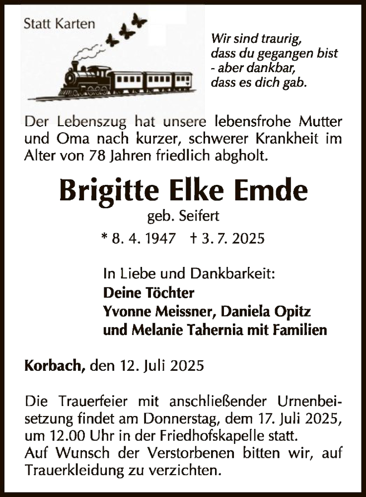  Traueranzeige für Brigitte  Emde vom 12.07.2025 aus WLZ