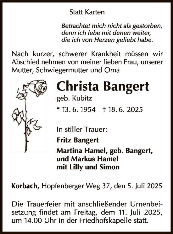 Traueranzeige von Christa Bangert von WLZ