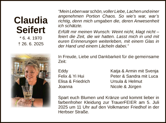 Traueranzeige von Claudia Seifert von WLZ