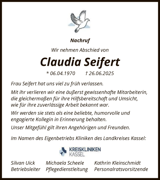 Traueranzeige von Claudia Seifert von WLZ