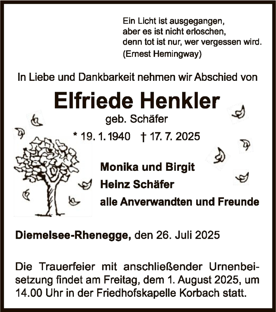  Traueranzeige für Elfriede Henkler vom 26.07.2025 aus WLZ