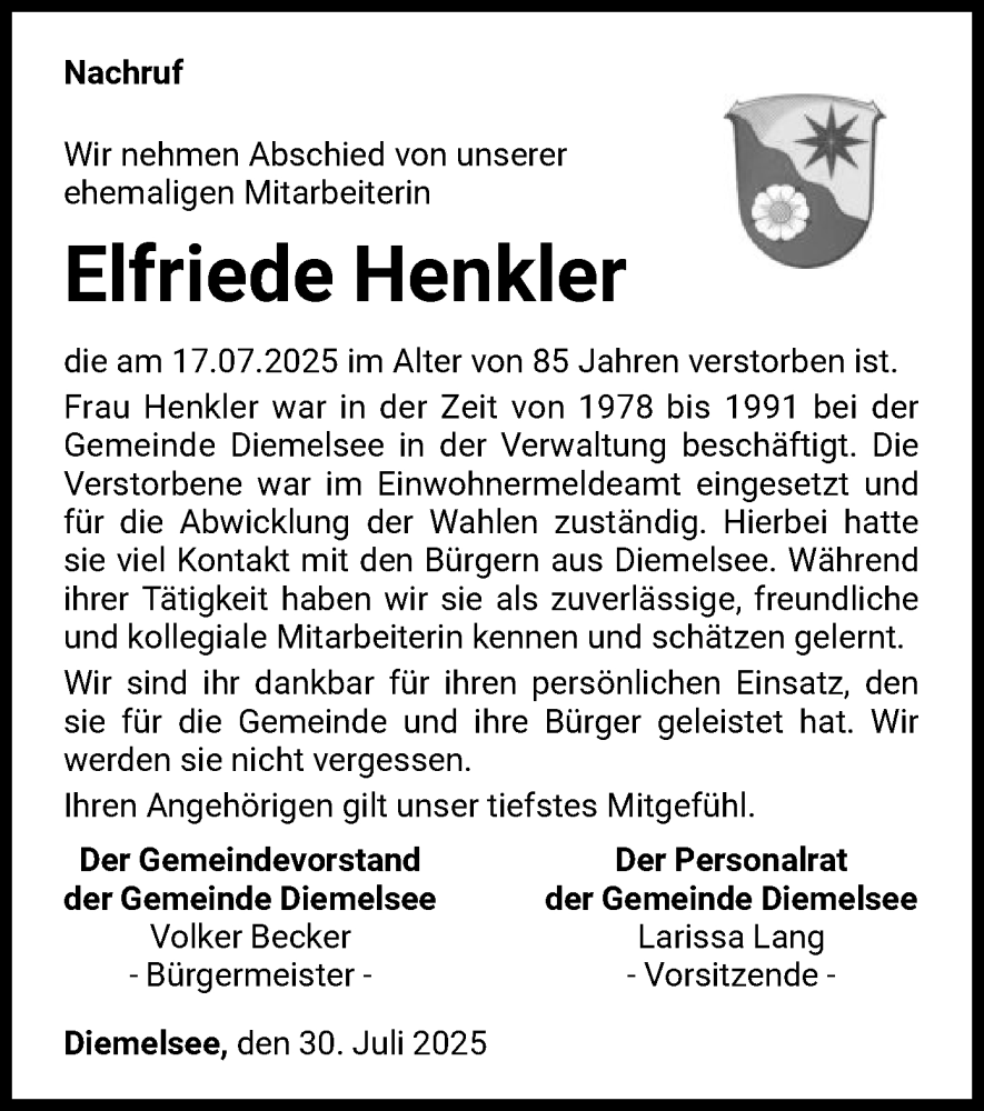  Traueranzeige für Elfriede Henkler vom 30.07.2025 aus WLZ