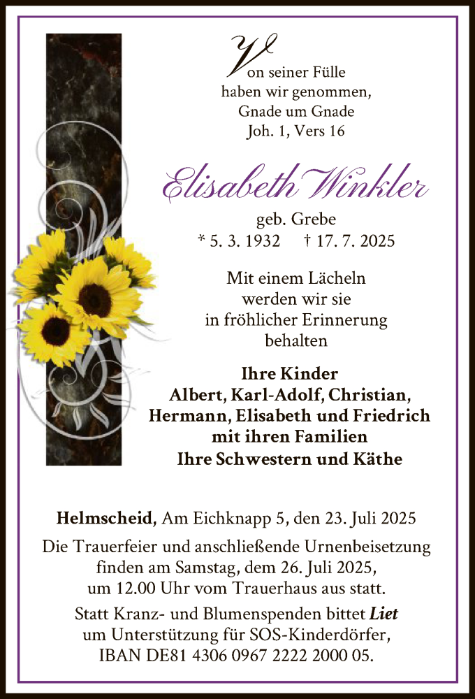  Traueranzeige für Elisabeth Winkler vom 23.07.2025 aus WLZ