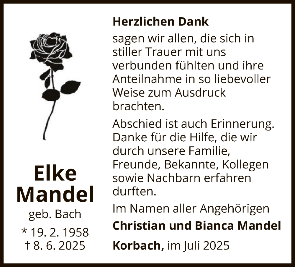  Traueranzeige für Elke Mandel vom 26.07.2025 aus WLZ
