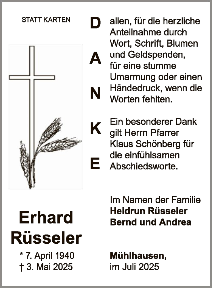  Traueranzeige für Erhard Rüsseler vom 05.07.2025 aus WLZ