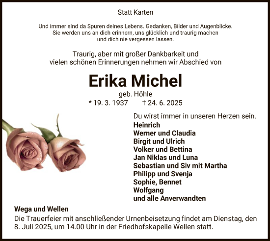 Traueranzeige von Erika Michel von WLZHNA