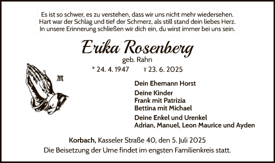 Traueranzeige von Erika Rosenberg von WLZ