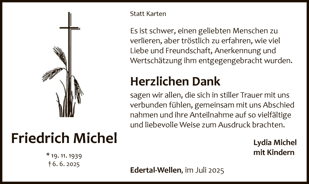 Traueranzeige für Friedrich Michel vom 26.07.2025 aus WLZ