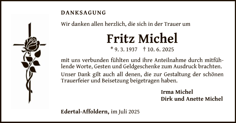  Traueranzeige für Fritz Michel vom 26.07.2025 aus WLZ