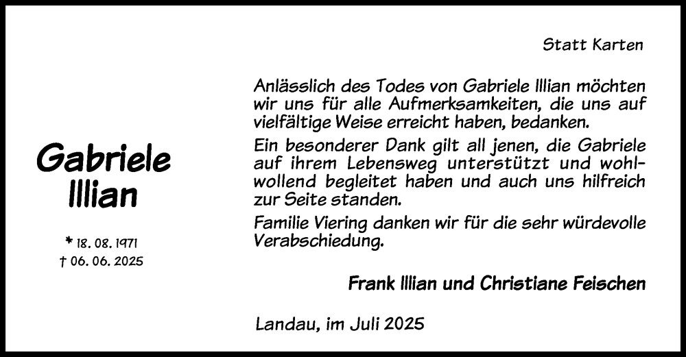  Traueranzeige für Gabriele Illian vom 12.07.2025 aus WLZ