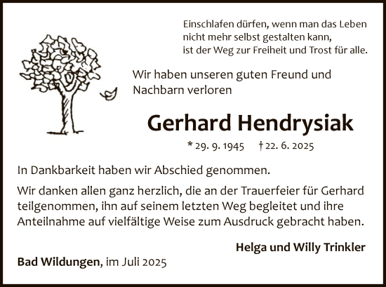 Traueranzeige von Gerhard Hendrysiak von WLZ