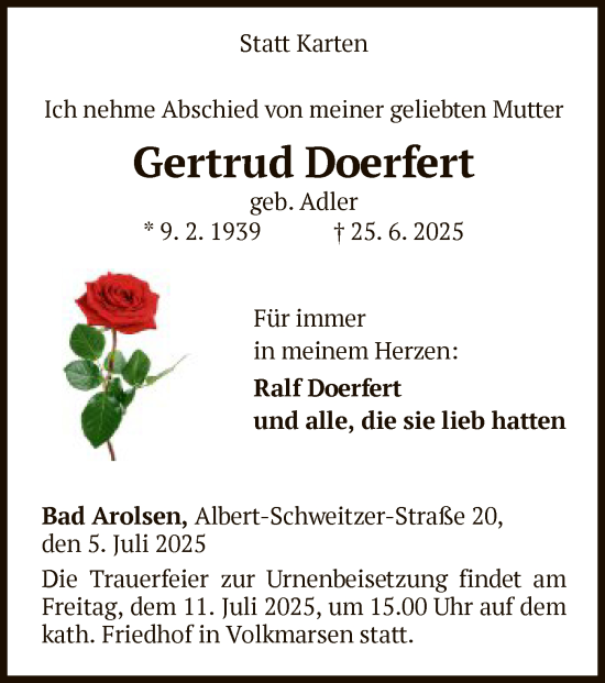 Traueranzeige von Gertrud Doerfert von WLZ