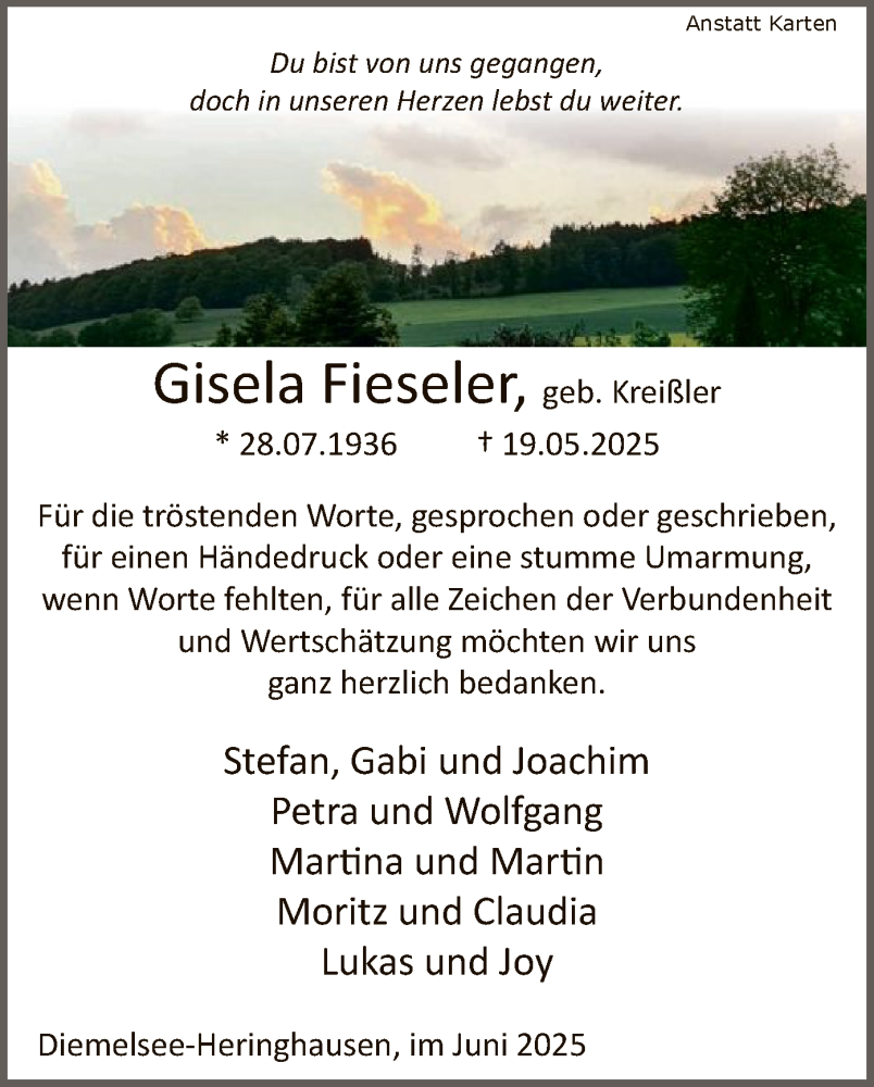  Traueranzeige für Gisela Fieseler vom 05.07.2025 aus WLZ