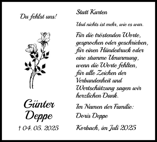 Traueranzeige von Günter Deppe von WLZ
