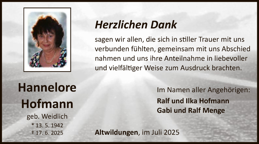  Traueranzeige für Hannelore Hofmann vom 19.07.2025 aus WLZ
