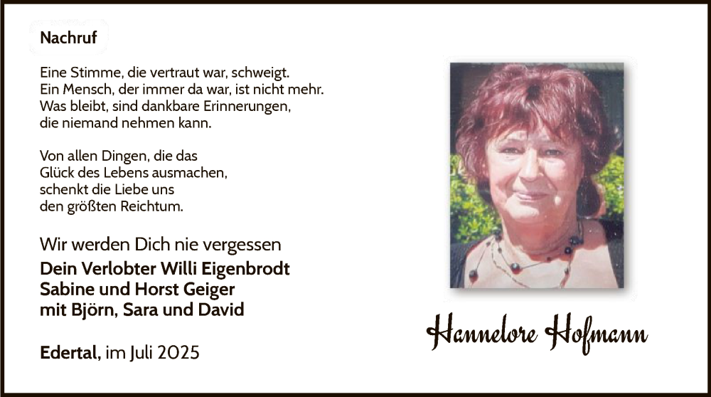  Traueranzeige für Hannelore Hofmann vom 12.07.2025 aus WLZ