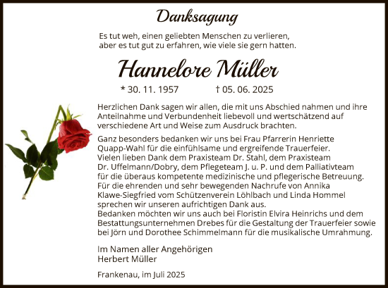 Traueranzeige von Hannelore Müller von HNAWLZ