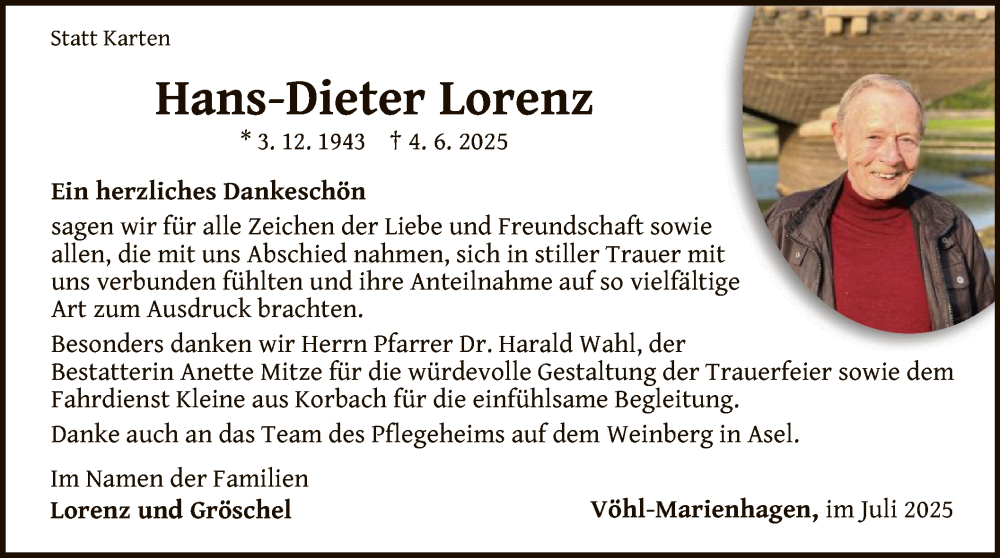  Traueranzeige für Hans-Dieter Lorenz vom 19.07.2025 aus WLZ