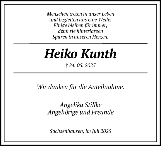 Traueranzeige von Heiko Kunth von WLZ
