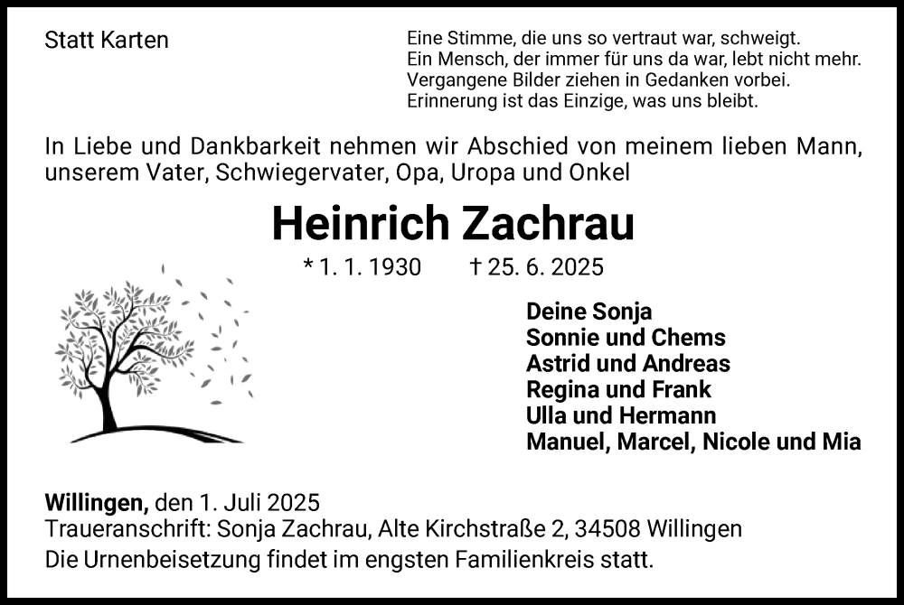  Traueranzeige für Heinrich Zachrau vom 01.07.2025 aus WLZ