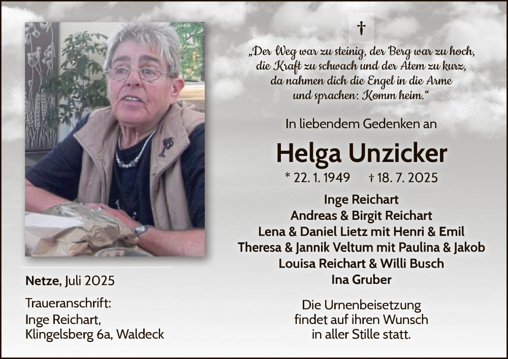  Traueranzeige für Helga Unzicker vom 23.07.2025 aus WLZ