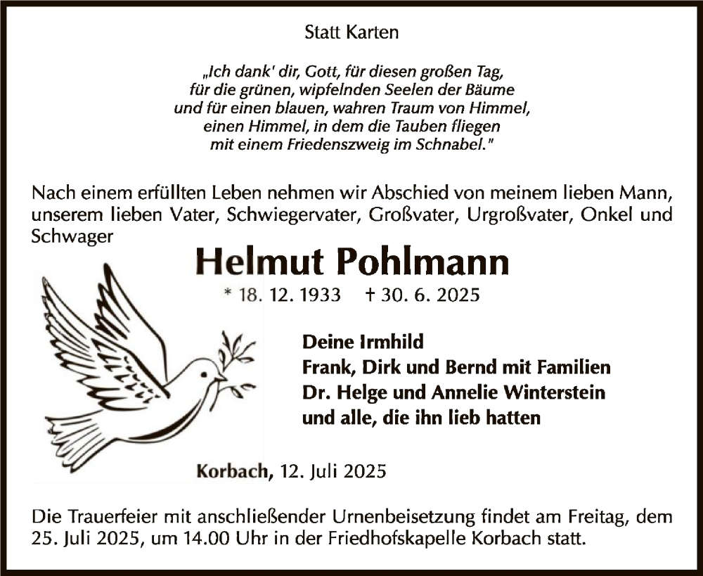  Traueranzeige für Helmut Pohlmann vom 12.07.2025 aus WLZ