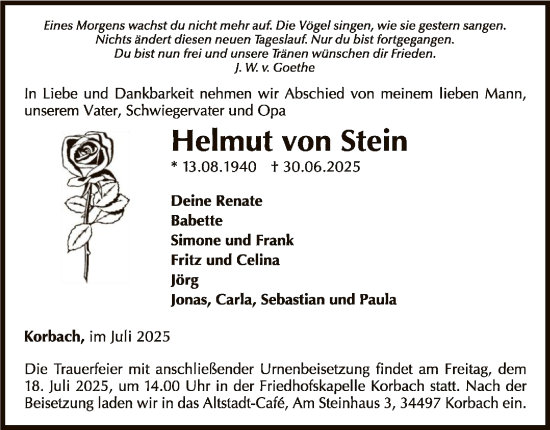Traueranzeige von Helmut von Stein von WLZ
